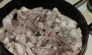 Kepkite gabalėlius ant vidutinės ugnies iki auksinės rudos spalvos, pagal skonį įberkite druskos ir pipirų.