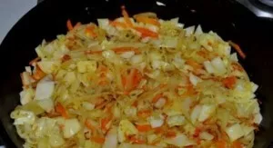 Keptuvėje augaliniame aliejuje pakepinkite svogūną ir morką apie 8 minutes, tada suberkite susmulkintą kopūstą, druską ir pipirus, pakepi...
