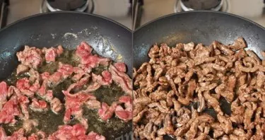 Dabar kepkite mėsą. Jautieną geriau kepti nedideliame kiekyje margarino, bet galima naudoti ir augalinį aliejų.